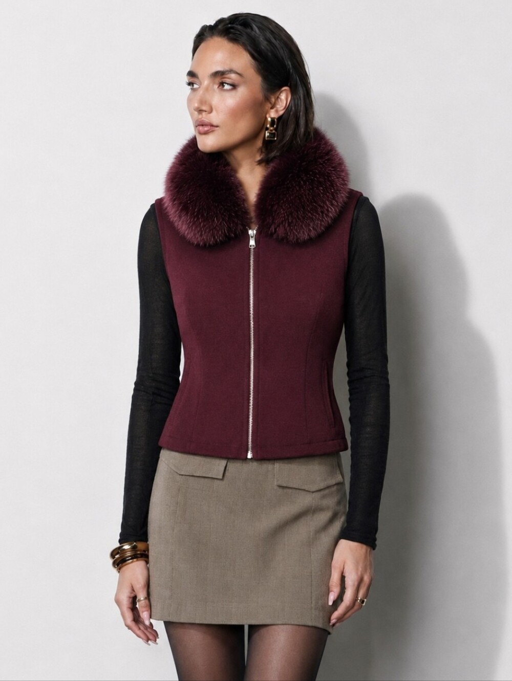 Camila Coelho Fur Collared Vest Burgundy Knit Quiet Luxury Zip Up NWT $178 Sz M